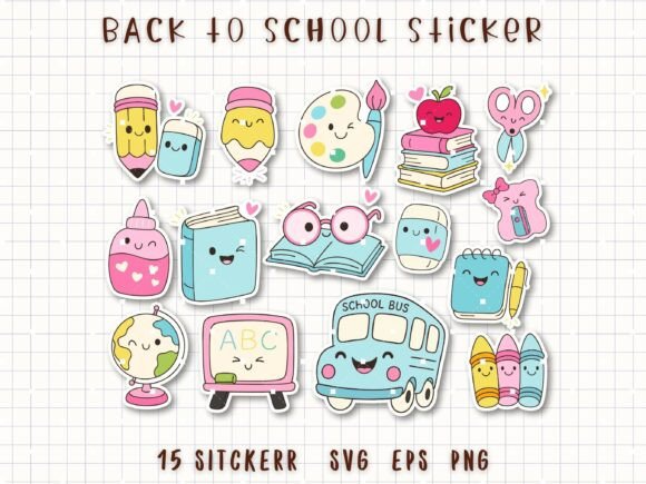 Back to School Sticker School Supplies: Graphics & Illustrations