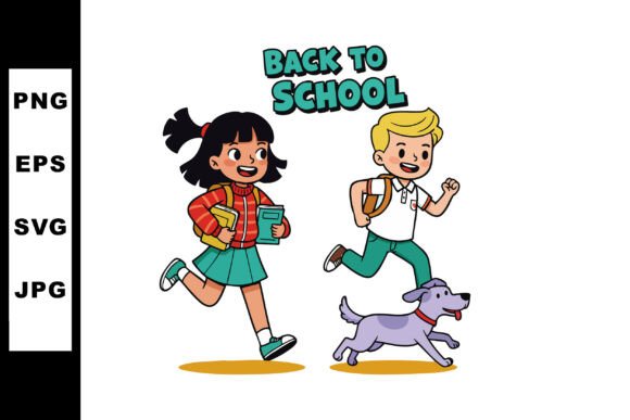 Children Running Back to School with Boo: Illustrations & Graphics