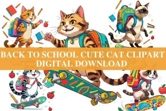 Cute Back to School Funny Cat Clip Art: Graphics & Illustrations for Local Branding