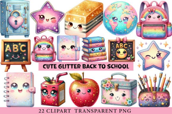 Cute Glitter Back to School Clipart: Graphics & Illustrations for Local Brands