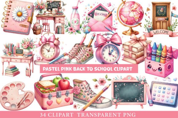 Pastel Pink Back to School Clipart: Graphics & Illustrations