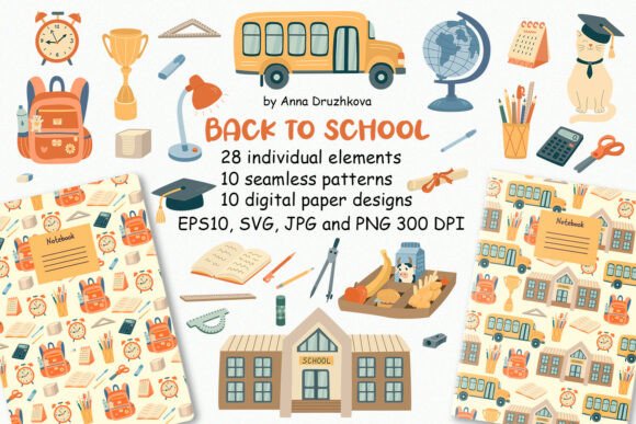 Welcome Back to School Clipart Pattern: Graphics & Illustrations